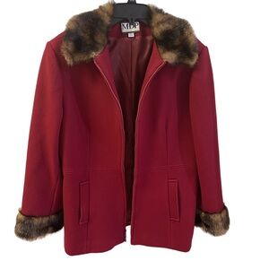 Vintage MDP - Red Wool Coat Faux Fur Zip Collared Lined Waist Length - Sz Large